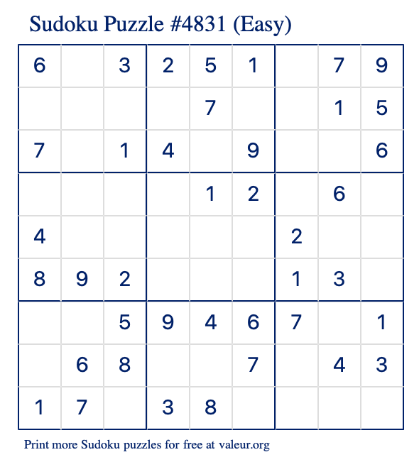 Free Printable Easy Sudoku Puzzle number 4831