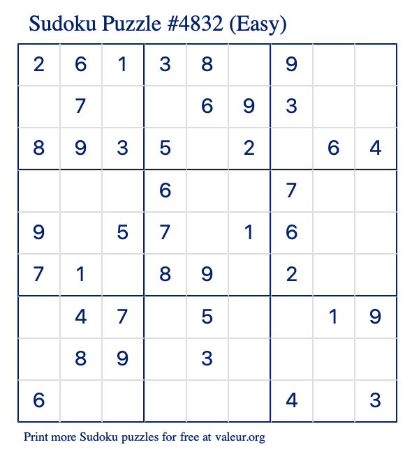 Free Printable Easy Sudoku Puzzle number 4832