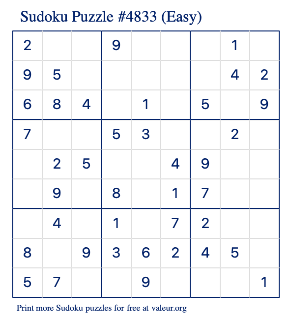 Free Printable Easy Sudoku Puzzle number 4833