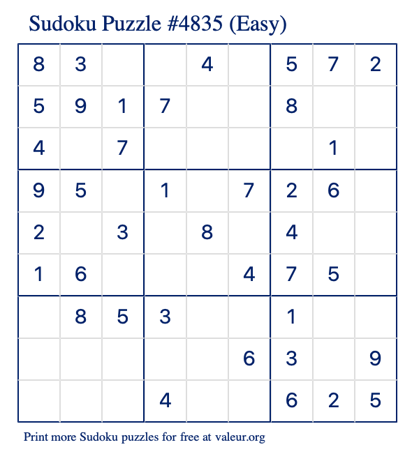 Free Printable Easy Sudoku Puzzle number 4835