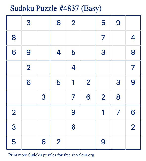 Free Printable Easy Sudoku Puzzle number 4837