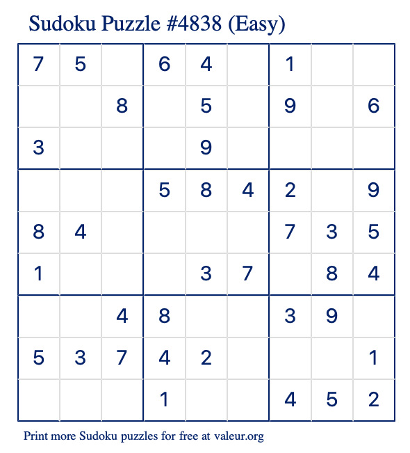 Free Printable Easy Sudoku Puzzle number 4838