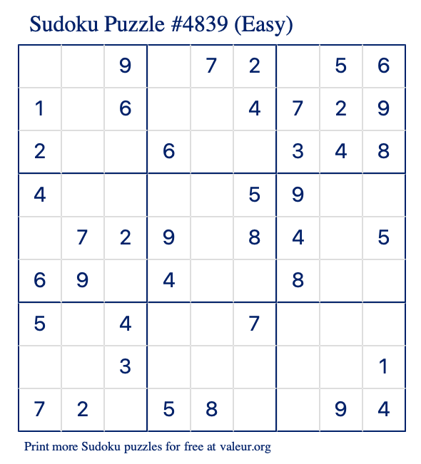 Free Printable Easy Sudoku Puzzle number 4839