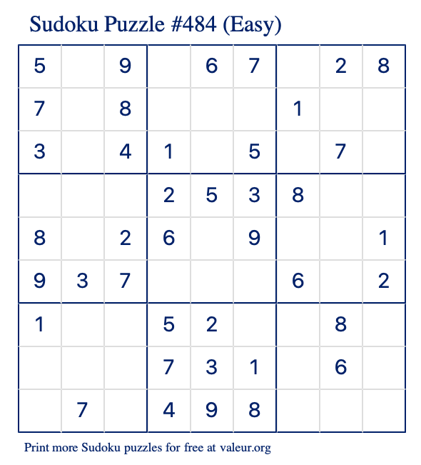 Free Printable Easy Sudoku Puzzle number 484