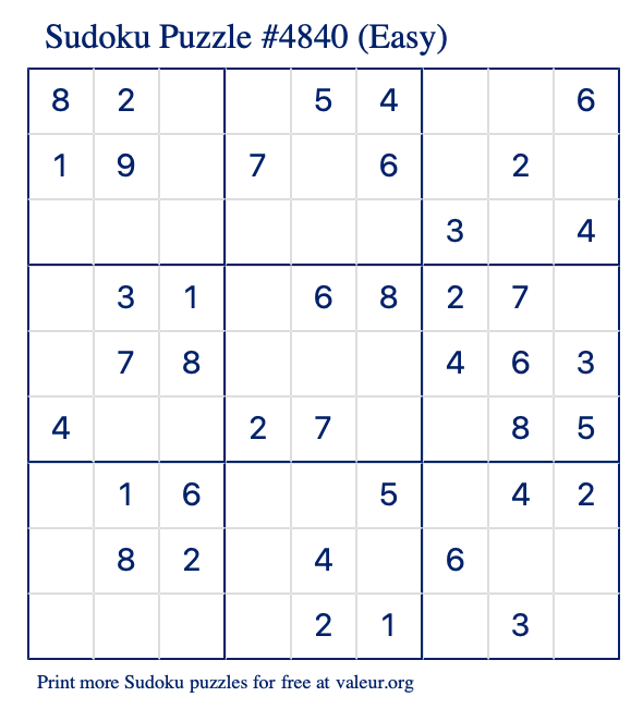 Free Printable Easy Sudoku Puzzle number 4840