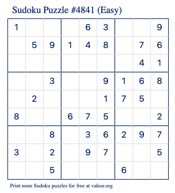 Free Printable Easy Sudoku Puzzle number 4841