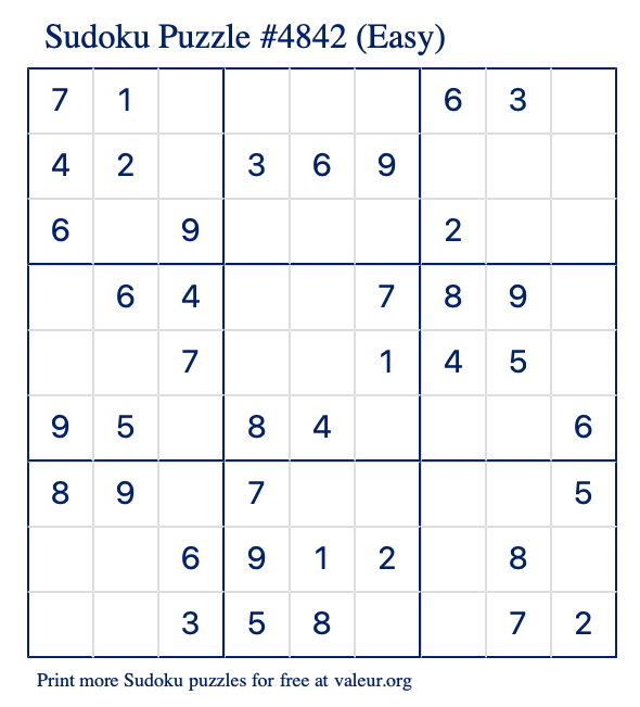 Free Printable Easy Sudoku Puzzle number 4842