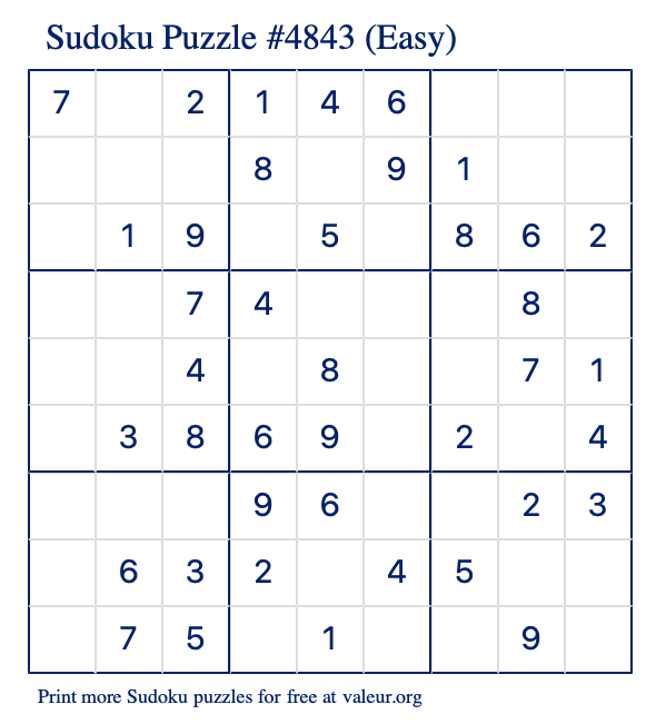 Free Printable Easy Sudoku Puzzle number 4843