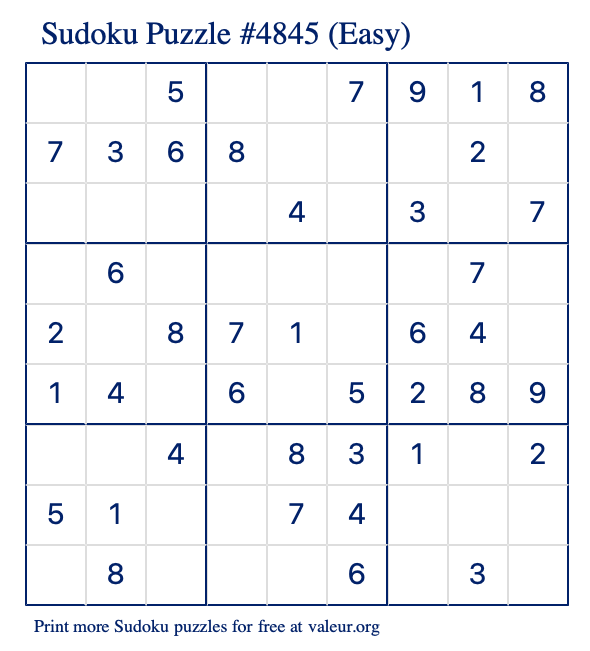 Free Printable Easy Sudoku Puzzle number 4845