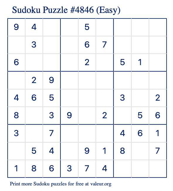 Free Printable Easy Sudoku Puzzle number 4846