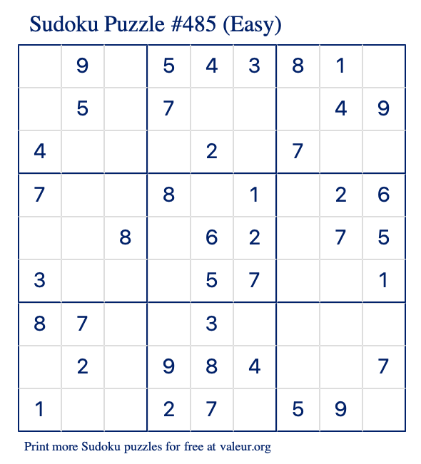 Free Printable Easy Sudoku Puzzle number 485