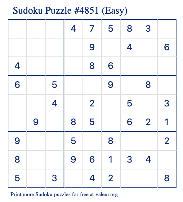 Free Printable Easy Sudoku Puzzle number 4851