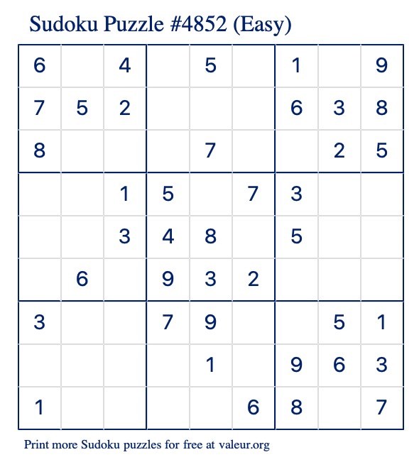 Free Printable Easy Sudoku Puzzle number 4852
