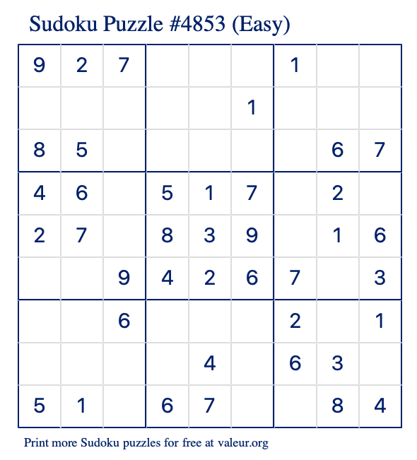 Free Printable Easy Sudoku Puzzle number 4853