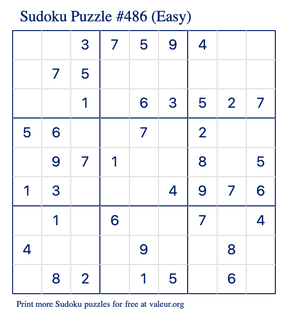 Free Printable Easy Sudoku Puzzle number 486