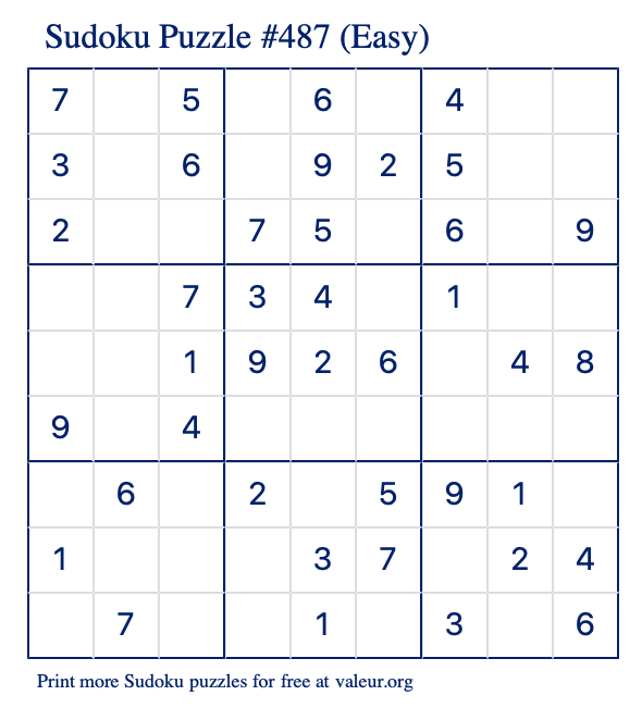 Free Printable Easy Sudoku Puzzle number 487