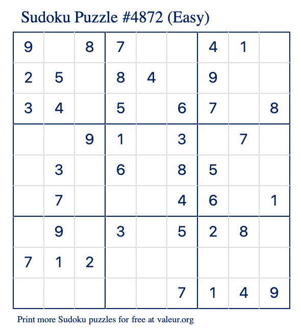 Free Printable Easy Sudoku Puzzle number 4872