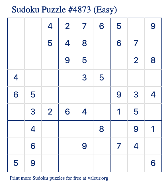 Free Printable Easy Sudoku Puzzle number 4873