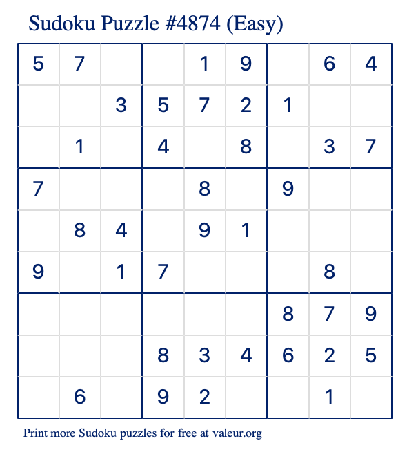 Free Printable Easy Sudoku Puzzle number 4874
