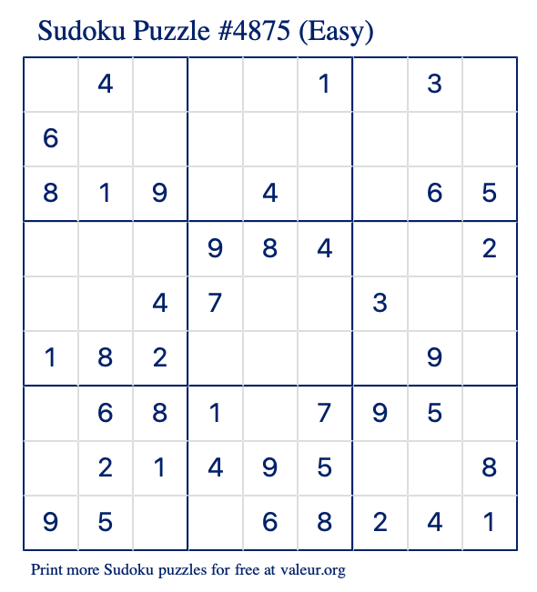 Free Printable Easy Sudoku Puzzle number 4875