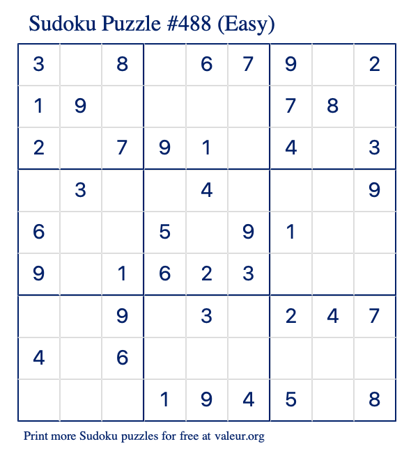 Free Printable Easy Sudoku Puzzle number 488