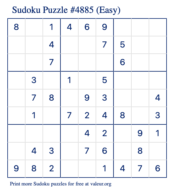 Free Printable Easy Sudoku Puzzle number 4885