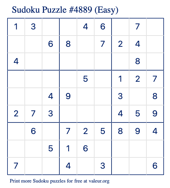 Free Printable Easy Sudoku Puzzle number 4889