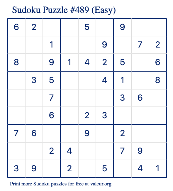 Free Printable Easy Sudoku Puzzle number 489
