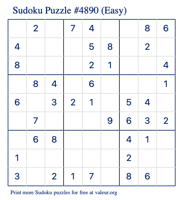 Free Printable Easy Sudoku Puzzle number 4890