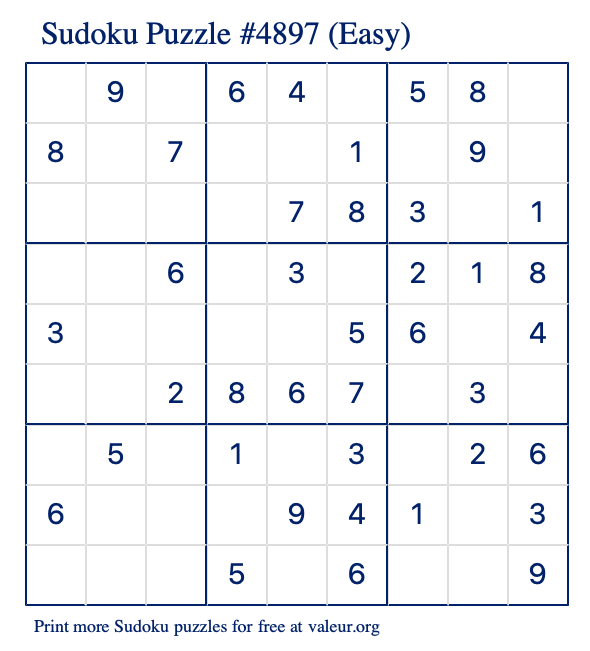 Free Printable Easy Sudoku Puzzle number 4897