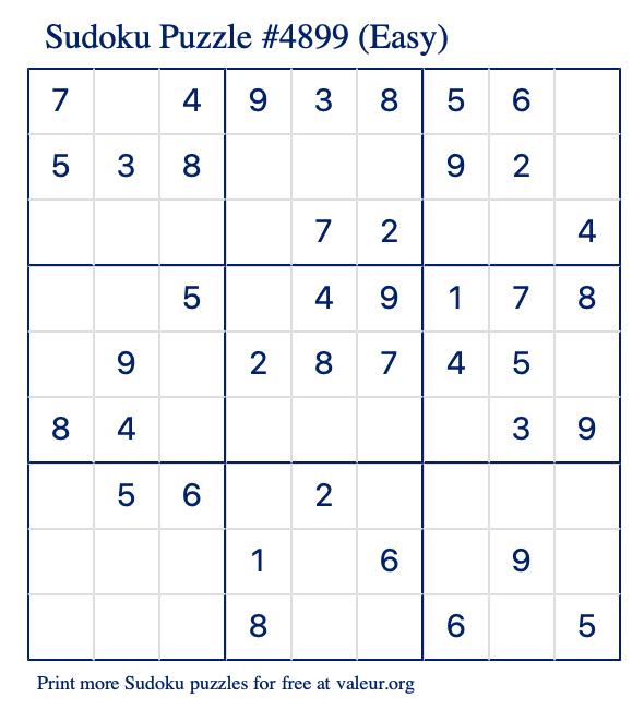 Free Printable Easy Sudoku Puzzle number 4899