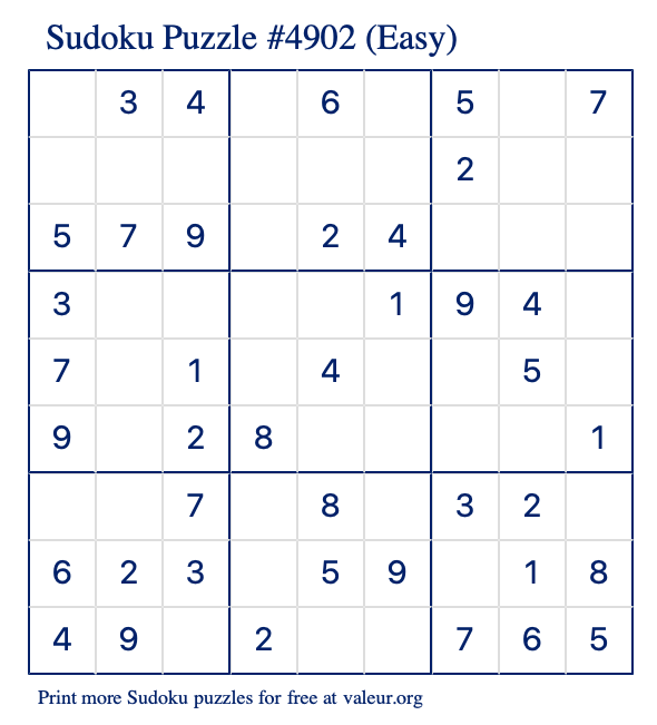 Free Printable Easy Sudoku Puzzle number 4902