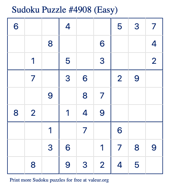 Free Printable Easy Sudoku Puzzle number 4908