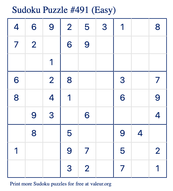 Free Printable Easy Sudoku Puzzle number 491