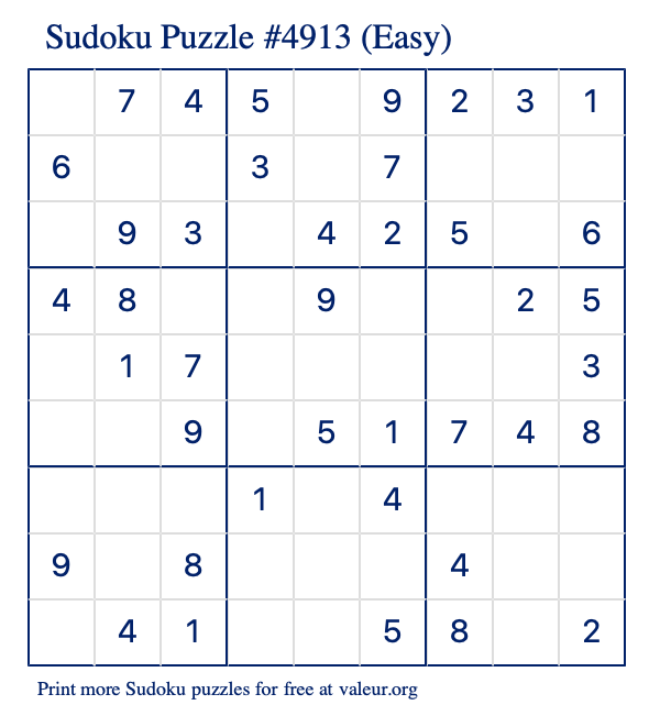 Free Printable Easy Sudoku Puzzle number 4913