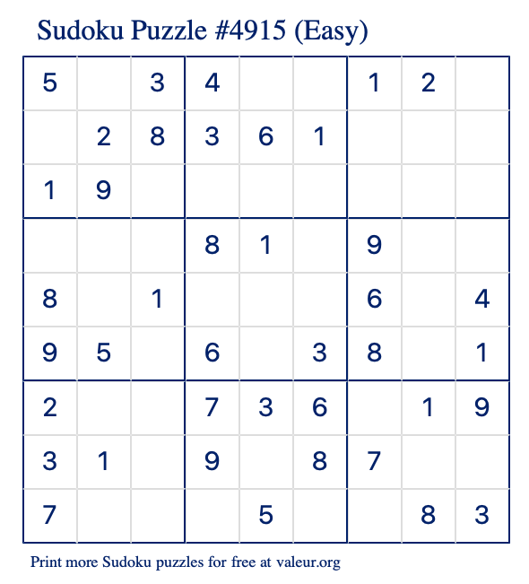 Free Printable Easy Sudoku Puzzle number 4915