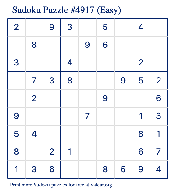 Free Printable Easy Sudoku Puzzle number 4917