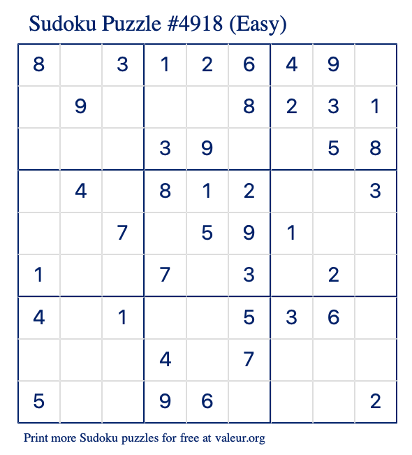 Free Printable Easy Sudoku Puzzle number 4918