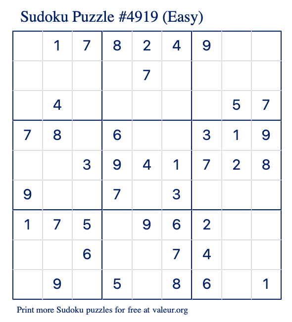 Free Printable Easy Sudoku Puzzle number 4919