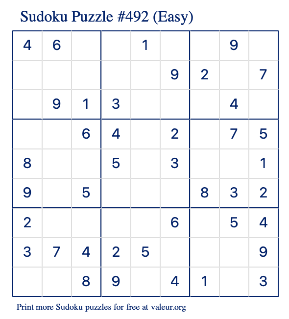 Free Printable Easy Sudoku Puzzle number 492