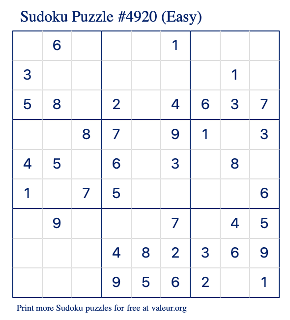 Free Printable Easy Sudoku Puzzle number 4920