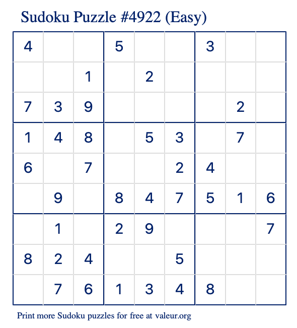 Free Printable Easy Sudoku Puzzle number 4922