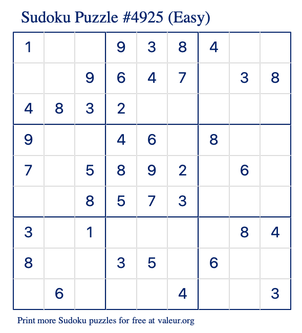 Free Printable Easy Sudoku Puzzle number 4925