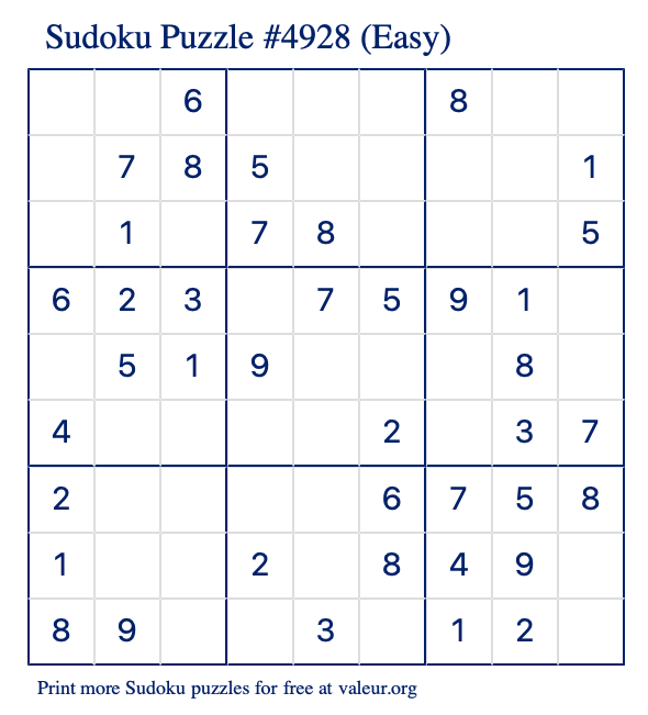 Free Printable Easy Sudoku Puzzle number 4928