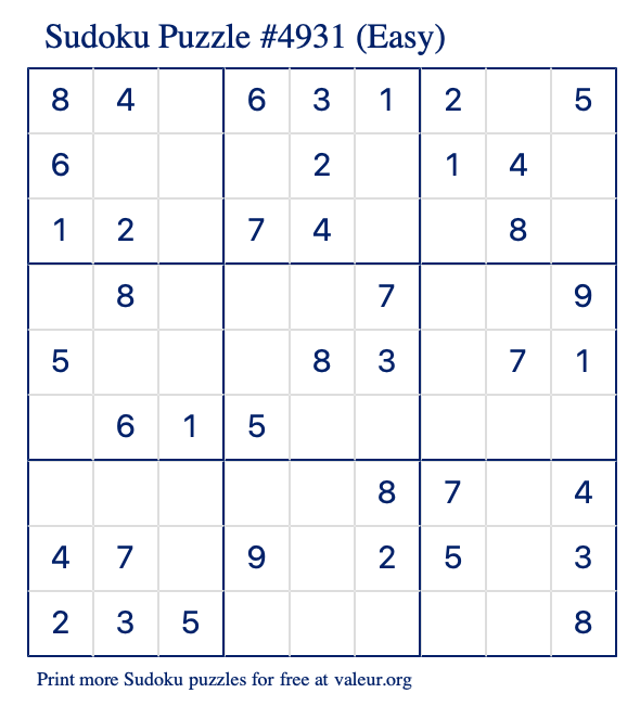 Free Printable Easy Sudoku Puzzle number 4931