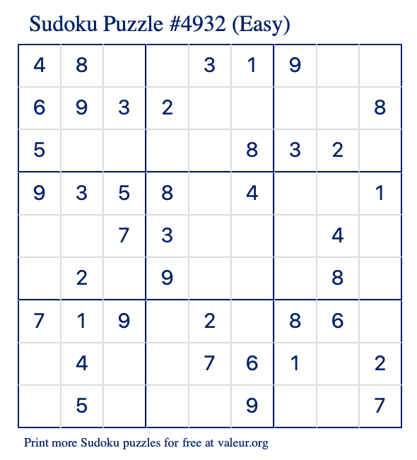 Free Printable Easy Sudoku Puzzle number 4932