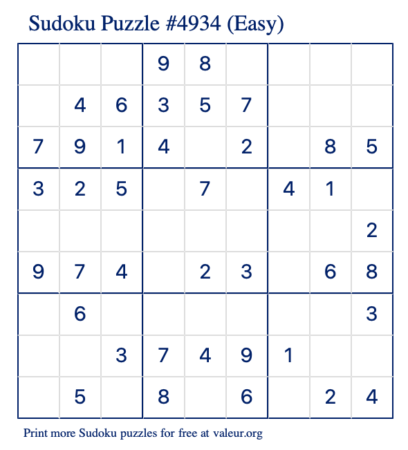 Free Printable Easy Sudoku Puzzle number 4934