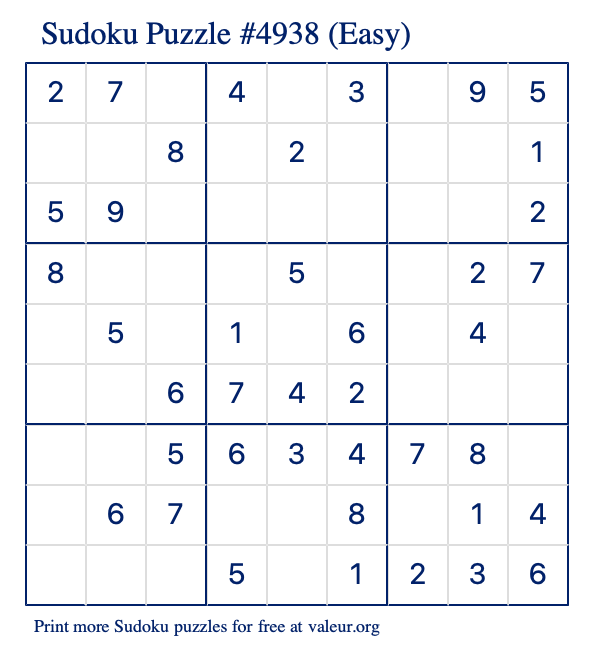 Free Printable Easy Sudoku Puzzle number 4938