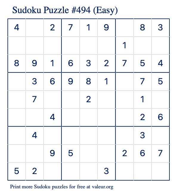 Free Printable Easy Sudoku Puzzle number 494