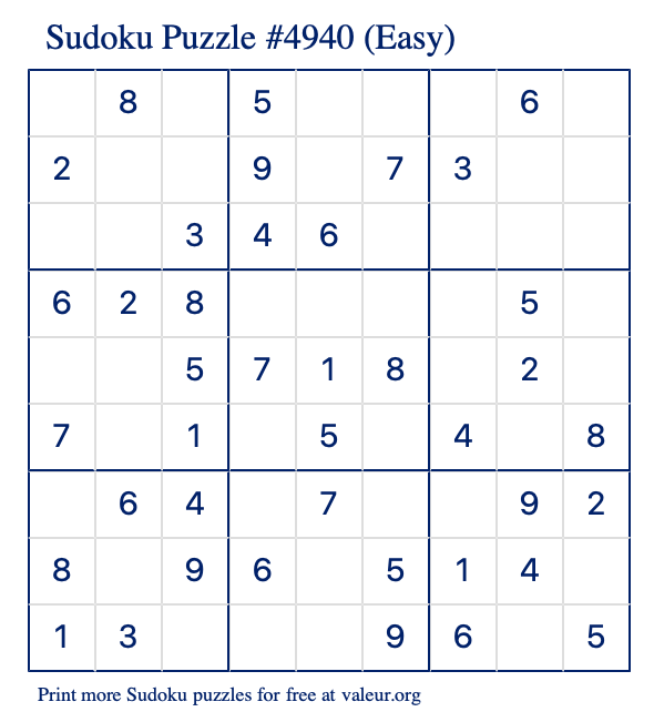 Free Printable Easy Sudoku Puzzle number 4940